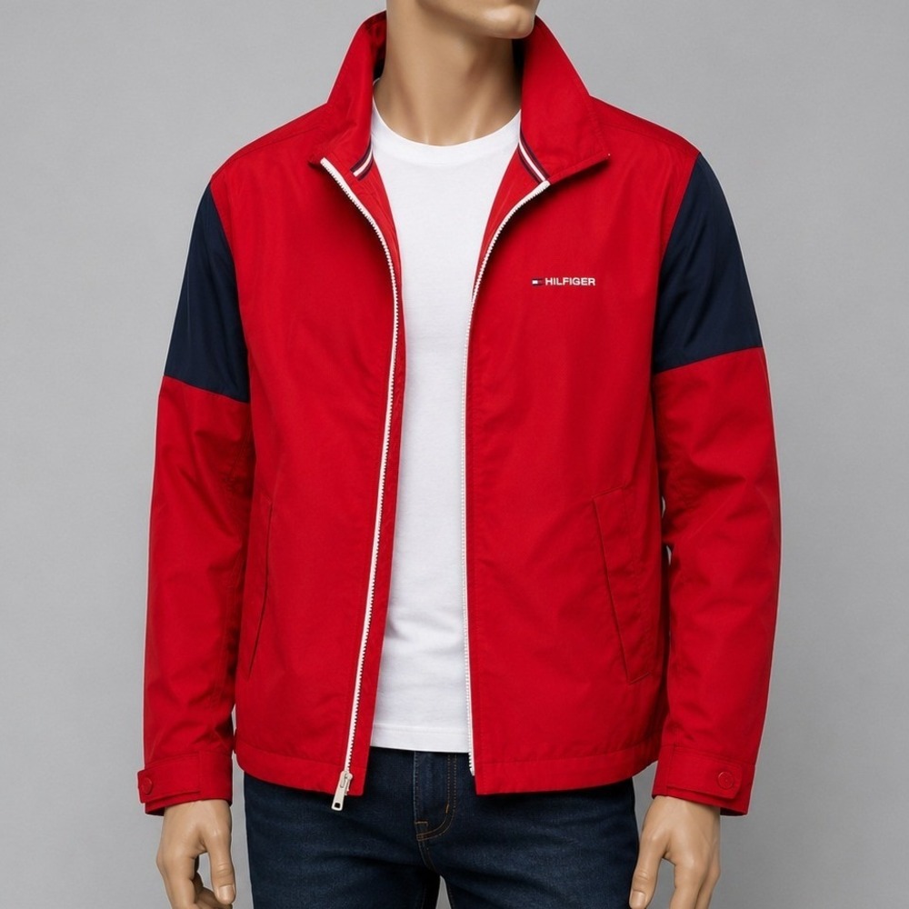 Tommy Hilfiger Mens Jacket Red Colorblock Sleeve Logo Mesh Lined Medium